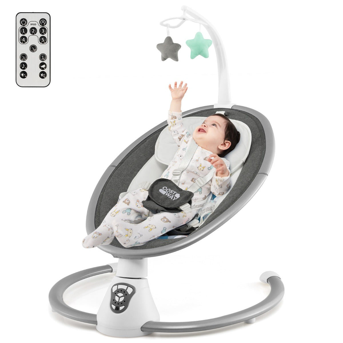 LIVSK Elektrische Babyschommel - 5 Schommelamplitudes - 12 Liedjes en 5 Natuurgeluiden - Afstandsbediening - 65,5 x 71,5 x 83 cm