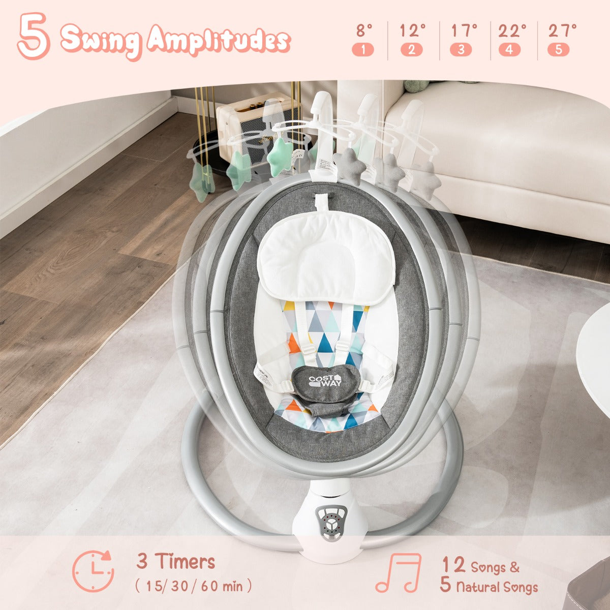 LIVSK Elektrische Babyschommel - 5 Schommelamplitudes - 12 Liedjes en 5 Natuurgeluiden - Afstandsbediening - 65,5 x 71,5 x 83 cm