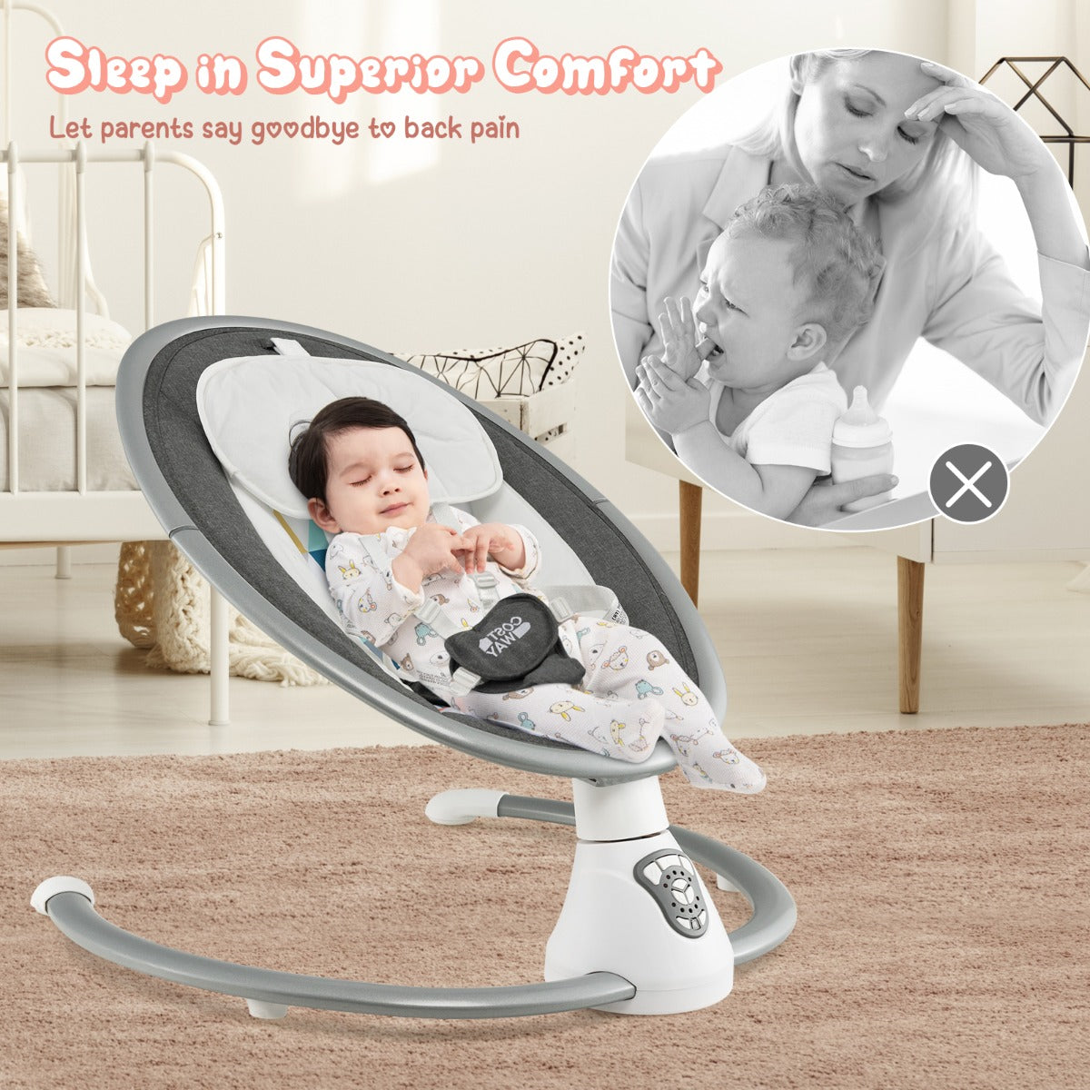 LIVSK Elektrische Babyschommel - 5 Schommelamplitudes - 12 Liedjes en 5 Natuurgeluiden - Afstandsbediening - 65,5 x 71,5 x 83 cm