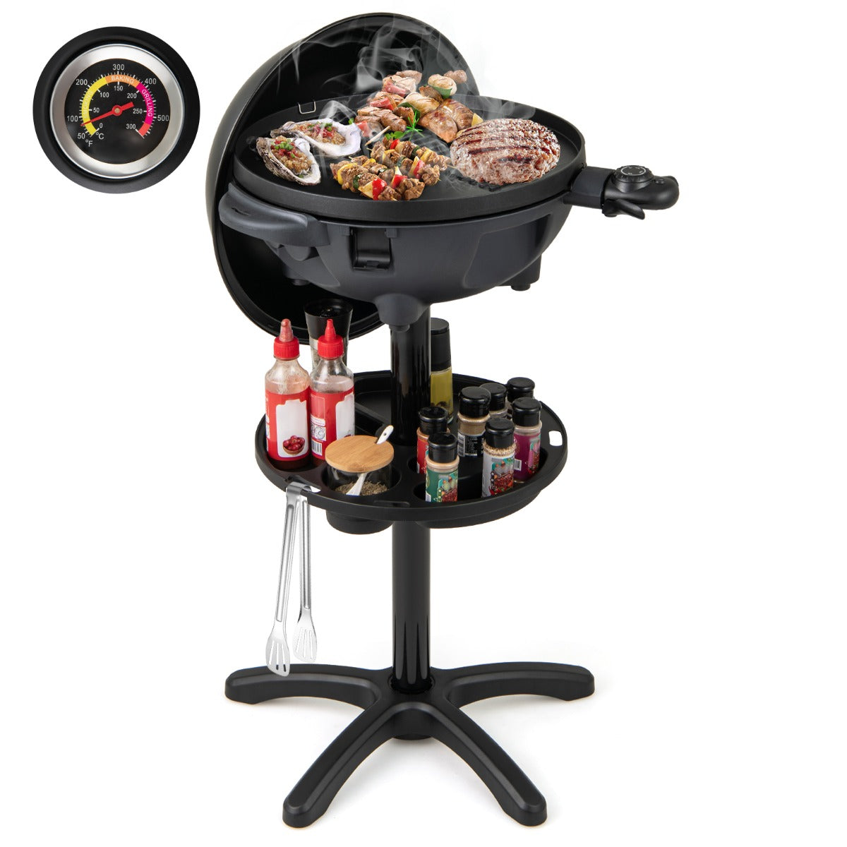 Livsk costway elektrische barbecue 2 in 1 tafelgrill staande grill met 2 zone grillplaat elektrische grill met kruidenrek en standaard anti aanbaklaag