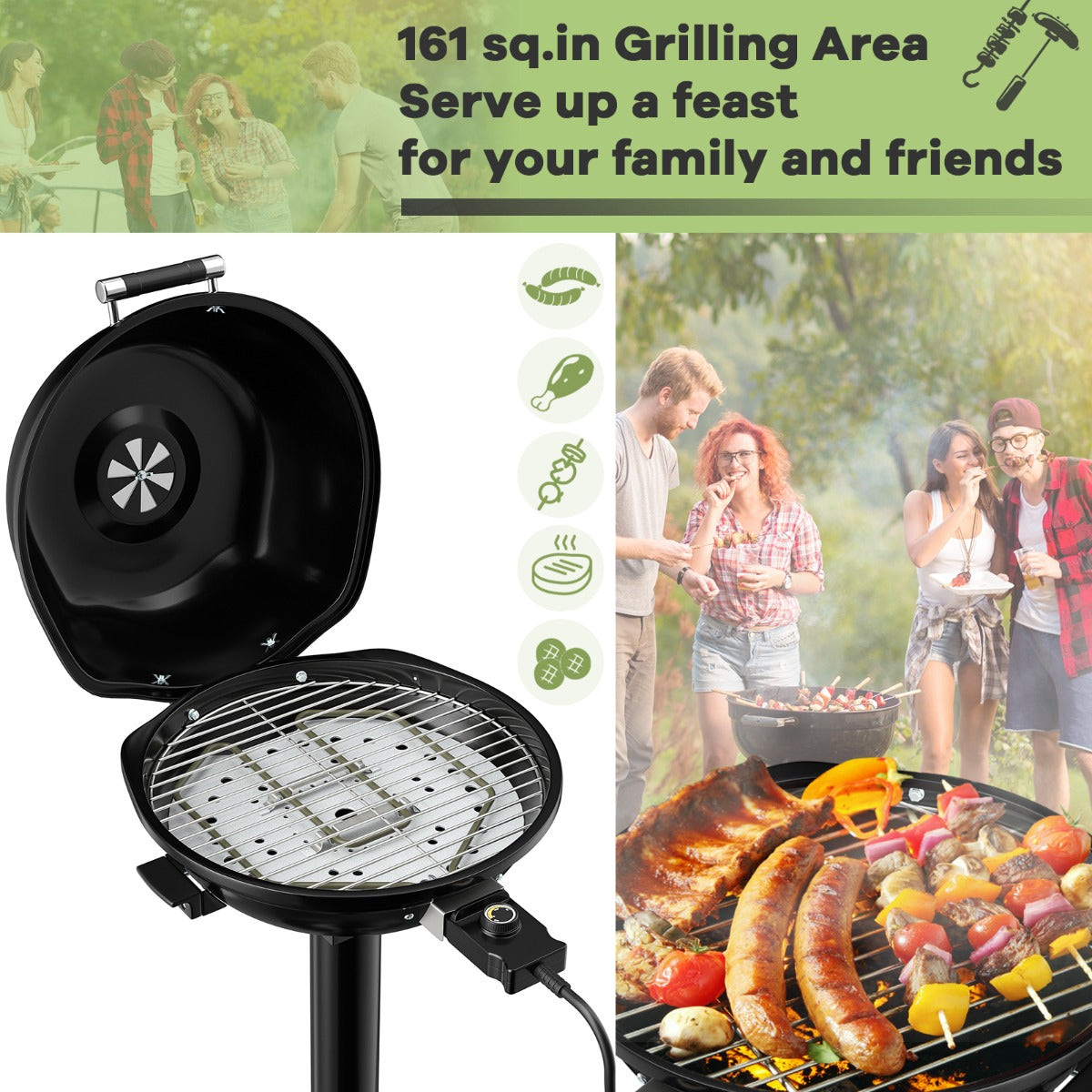 Livsk costway elektrische barbecue draagbare staande grill met verwijderbaar antiaanbakrooster zwart 4