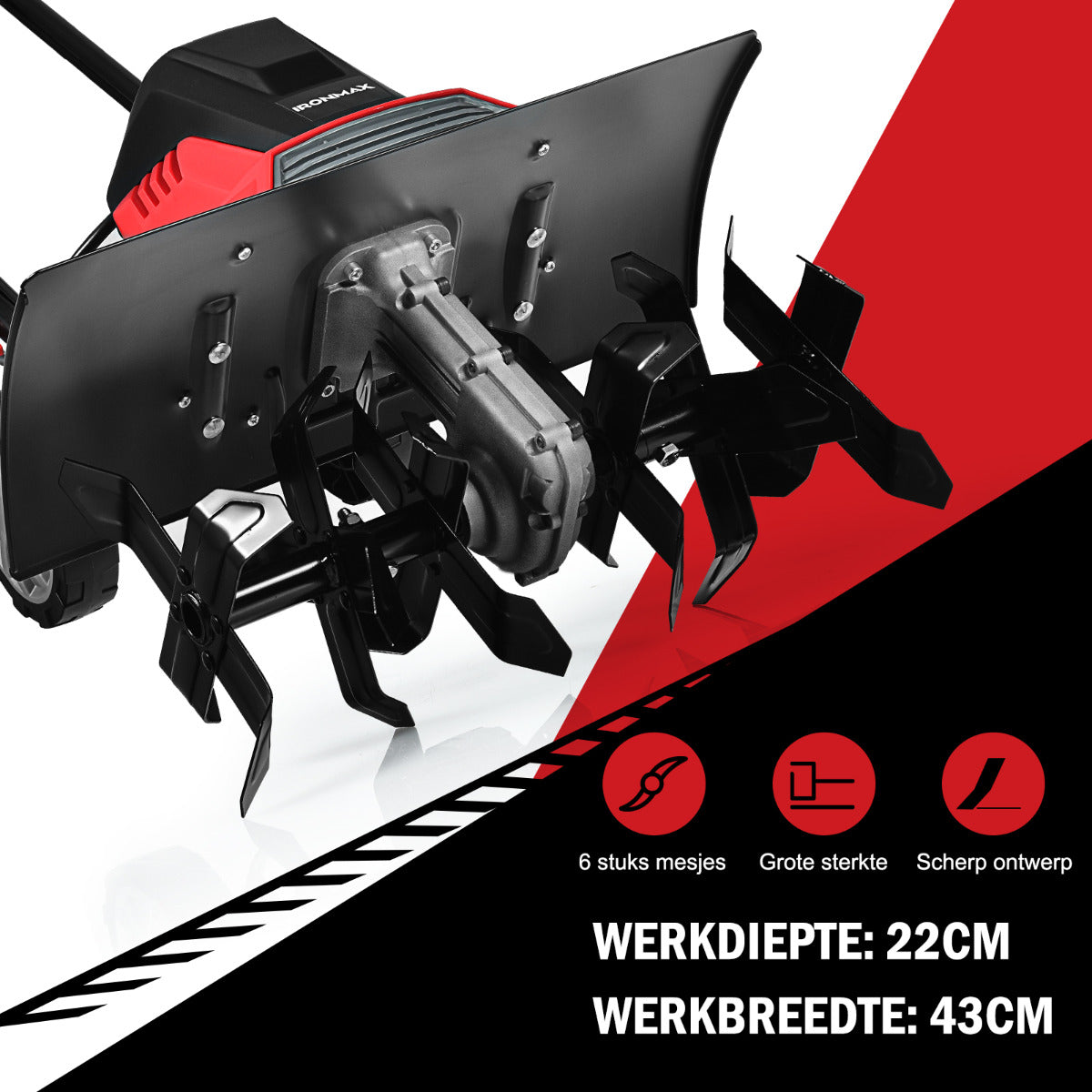 LIVSK Minicultivator Elektrisch - 13,5A Motor - 6 Messen - 43 cm Werkbreedte - 22 cm Werkdiepte - Veilig en Opvouwbaar -