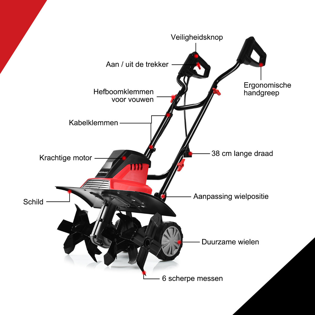 LIVSK Minicultivator Elektrisch - 13,5A Motor - 6 Messen - 43 cm Werkbreedte - 22 cm Werkdiepte - Veilig en Opvouwbaar -
