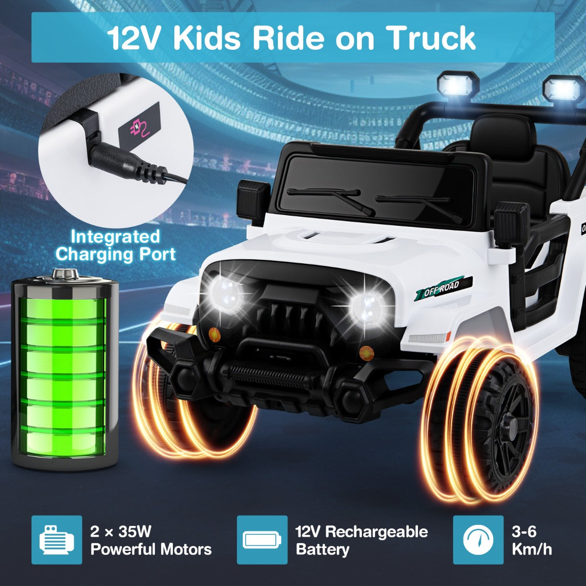 LIVSK Elektrische Kinderauto Peuterjeep met Afstandsbediening - 2 Motoren - Veiligheidsgordels - LED Verlichting - Wit