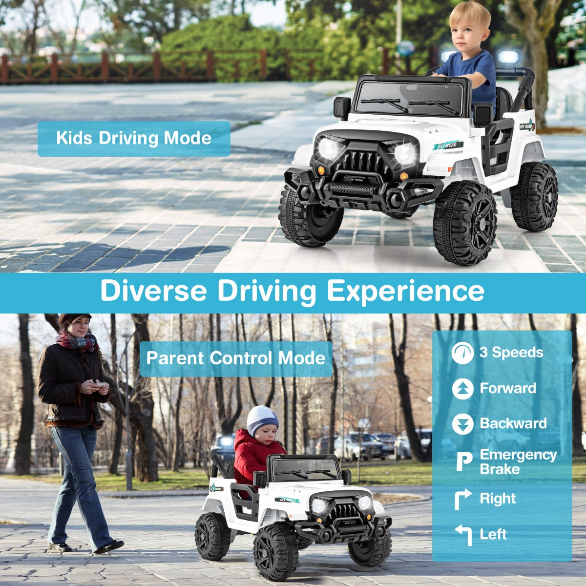 LIVSK Elektrische Kinderauto Peuterjeep met Afstandsbediening - 2 Motoren - Veiligheidsgordels - LED Verlichting - Wit