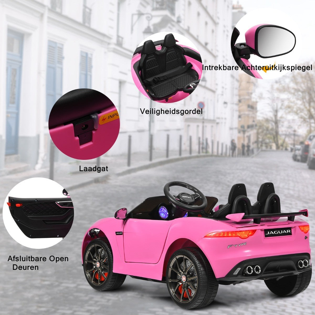 LIVSK Elektrische Jaguar Kinderauto met Afstandsbediening - Realistische Koplampen - Muziek & Verhalen - Veiligheidsgordel - Roze