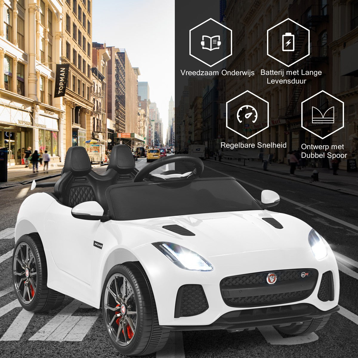 LIVSK Jaguar Kinderauto met Afstandsbediening - Realistisch Design - MP3/USB Aansluiting - Veiligheidsgordel - Wit