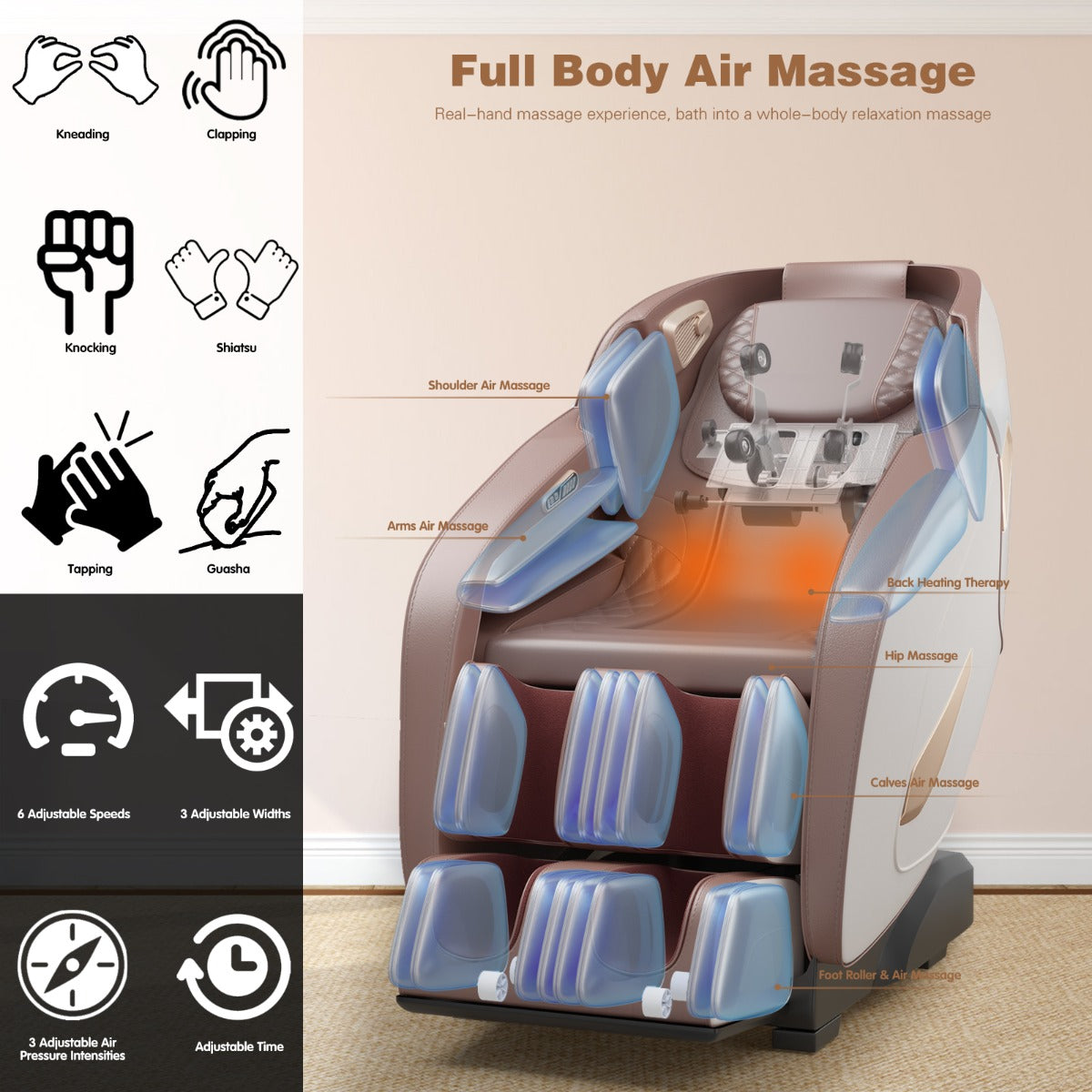 LIVSK Elektrische Massagestoel - Bluetooth - 12 Programma's - Ergonomisch Design - Lichaamsscanner - Beige/Bruin