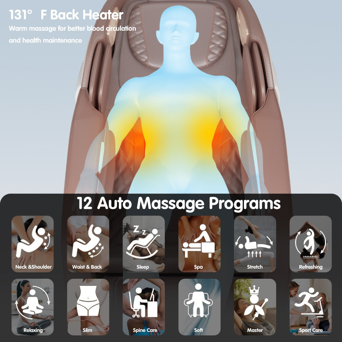 LIVSK Elektrische Massagestoel - Bluetooth - 12 Programma's - Ergonomisch Design - Lichaamsscanner - Beige/Bruin