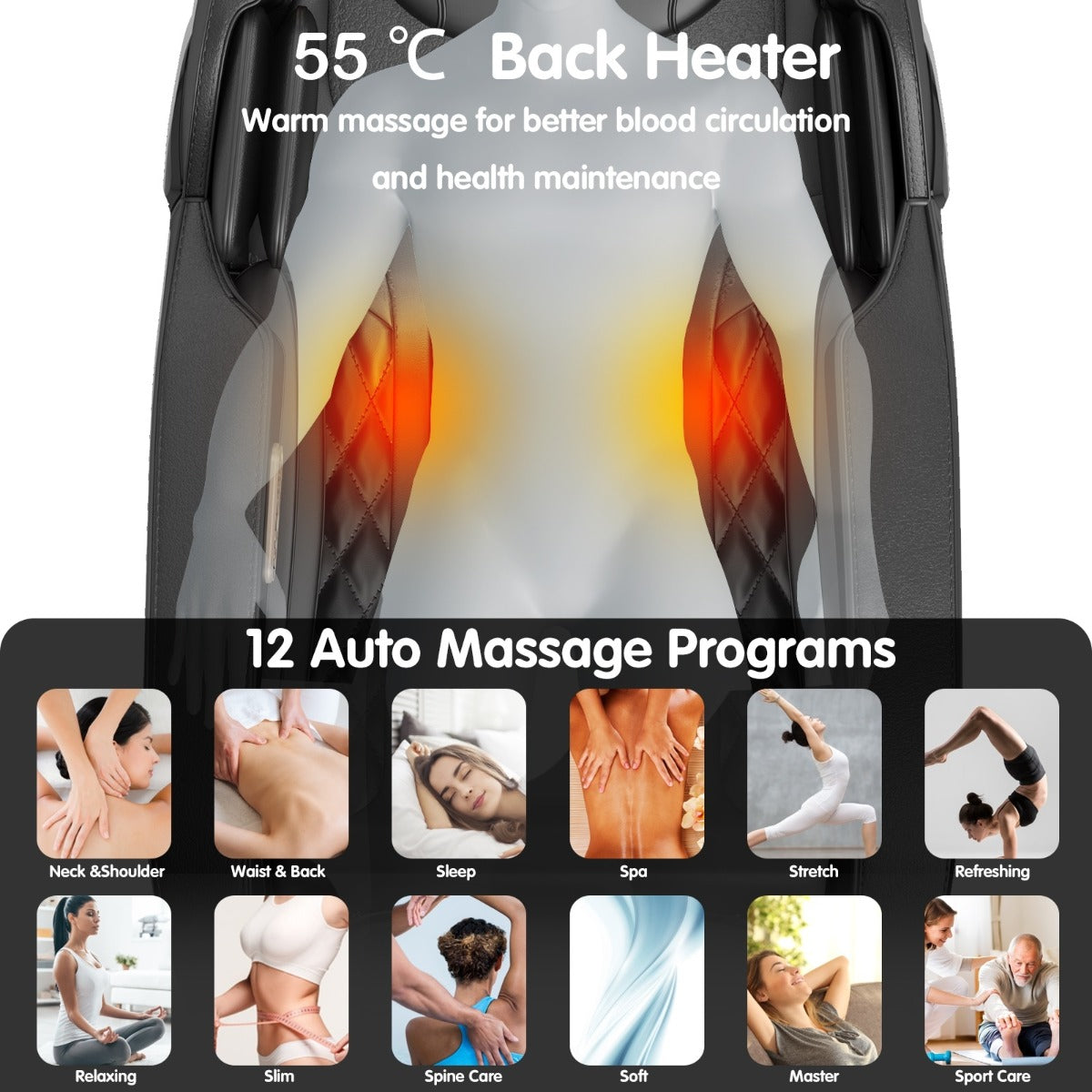 LIVSK Elektrische Massagestoel - Ergonomisch Design - Bluetooth - 12 Massageprogramma's - 32 Luchtkussens - Zwart