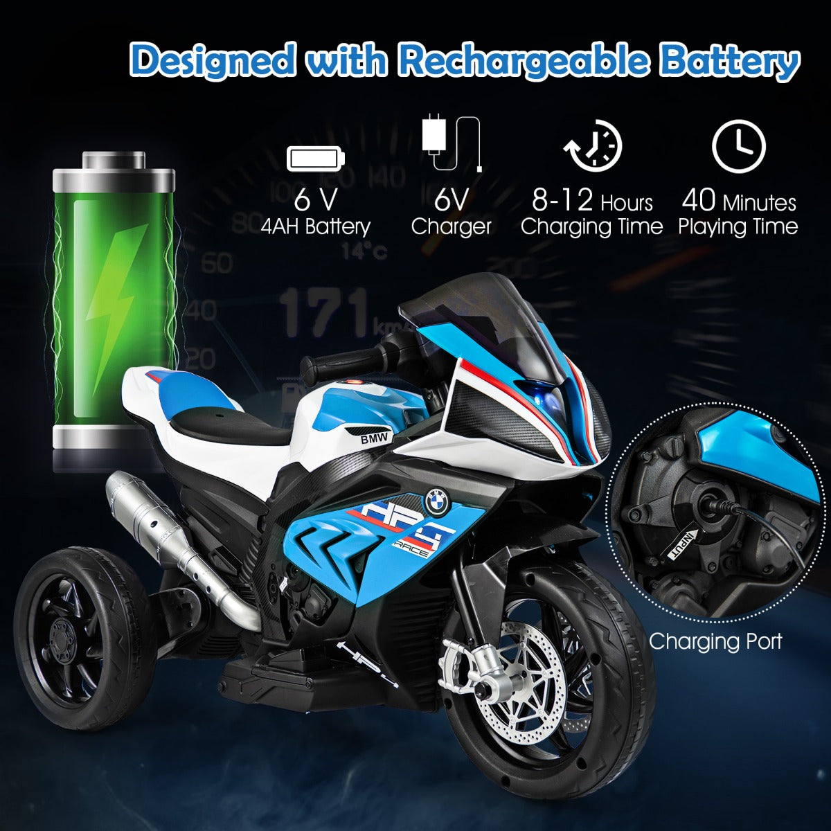 LIVSK 3-wiel Kindermotorfiets - Realistische Rijervaring - Muziek & Geluid - Ergonomisch Zadel - Voor Kinderen 3-8 jaar - Blauw