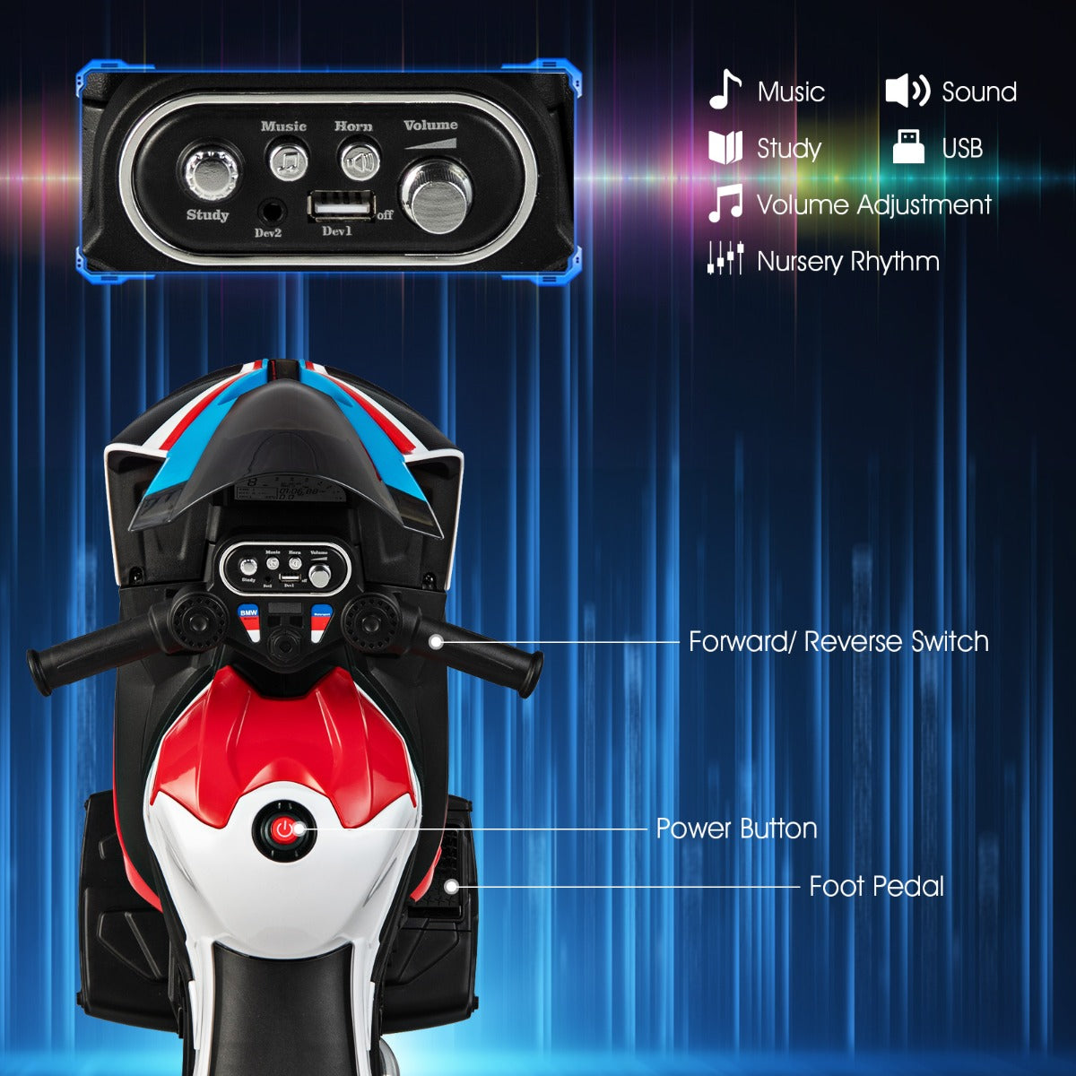 LIVSK Kindermotorfiets 6V - Driewieler met Muziek en USB - Vooruit/Achteruit - Veilig en Comfortabel - Tot 30 kg - Rood