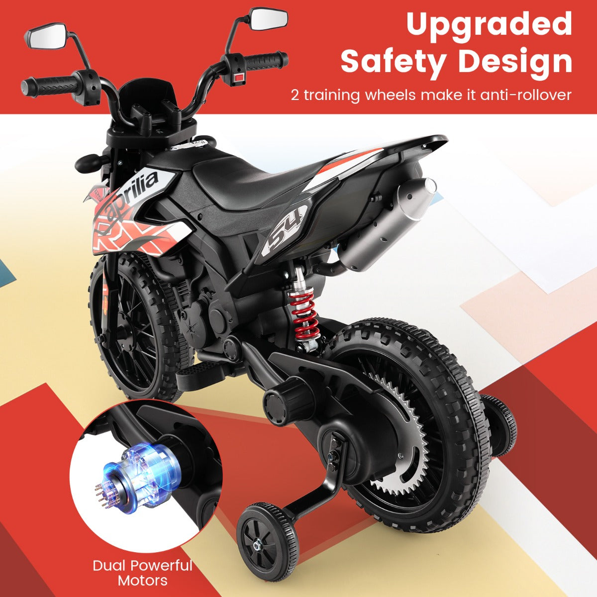 LIVSK Elektrische Motorfiets met Aprilia-licentie - 2 Motoren - Muziek en USB - Voor Kinderen 3-8 Jaar - Rood