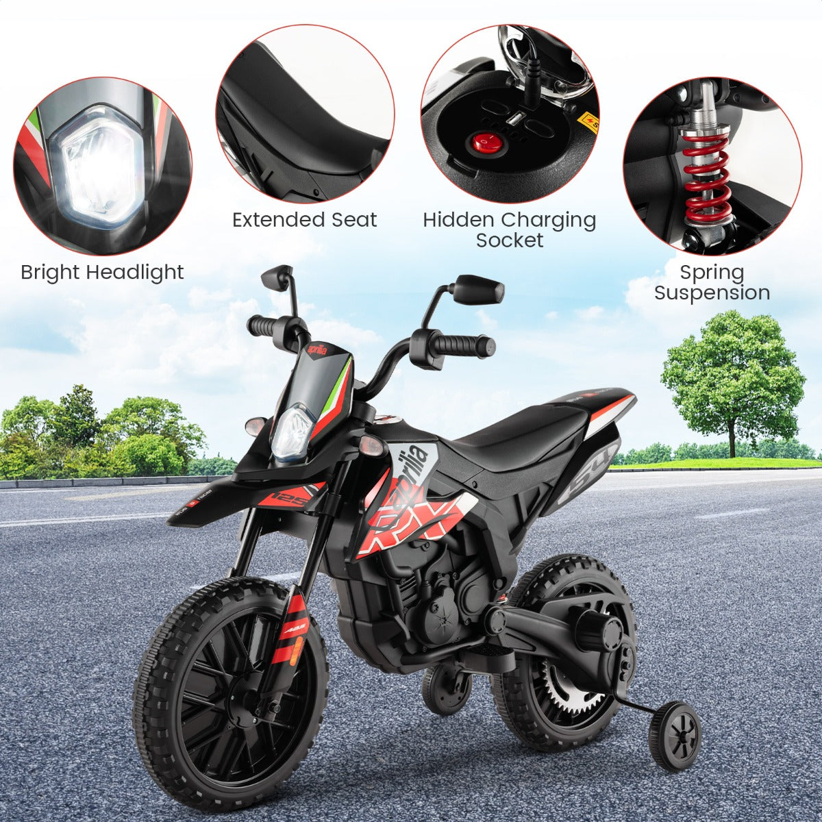 LIVSK Elektrische Motorfiets met Aprilia-licentie - 2 Motoren - Muziek en USB - Voor Kinderen 3-8 Jaar - Rood