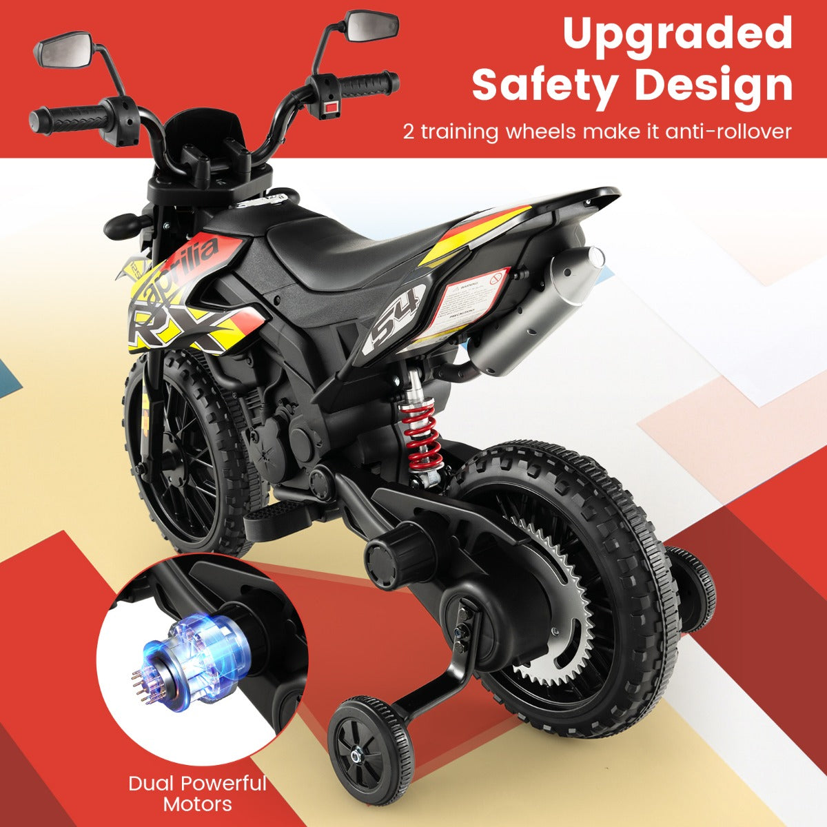 LIVSK Elektrische Motorfiets voor Kinderen - Aprilia-licentie - 12V - 2 Motoren - Veilig en Duurzaam - 106,5 x 56 x 80 cm - Zwart
