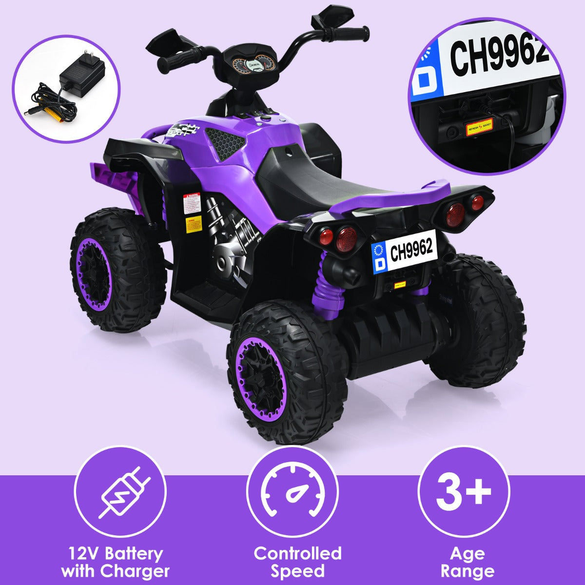 LIVSK Elektrische Kinderauto - Bedieningspaneel met Muziek en LED - Softstart - Tot 35 kg - Voor Binnen/Buiten - Paars