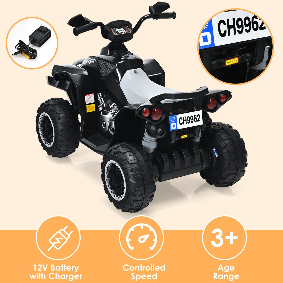 LIVSK Elektrische Kinderauto - Softstart - LED-Verlichting - Bedieningspaneel - Tot 35 kg - 94 x 60 x 73 cm - Zwart