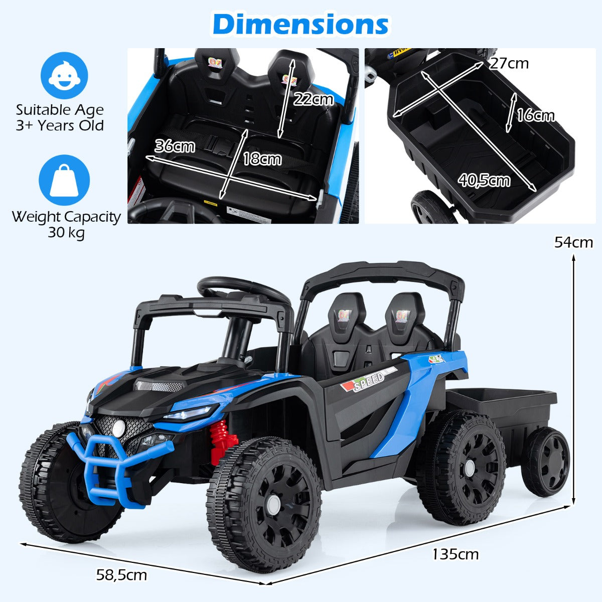 Livsk costway elektrische utv voor kinderen met afneembare aanhanger 12v kindertractor om mee te rijden met afstandsbediening voor ouders blauw 1 1