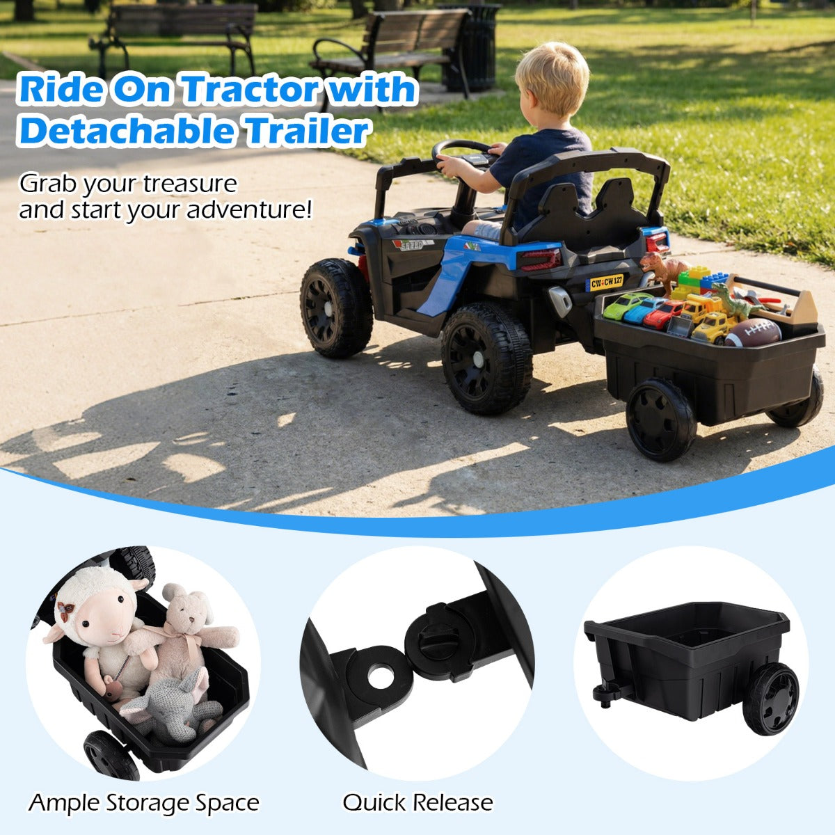 Livsk costway elektrische utv voor kinderen met afneembare aanhanger 12v kindertractor om mee te rijden met afstandsbediening voor ouders blauw 4