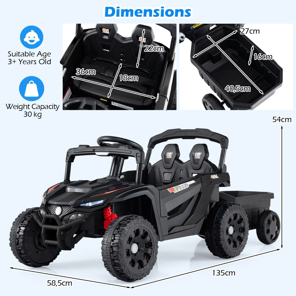 Livsk costway elektrische utv voor kinderen met afneembare aanhanger 12v kindertractor om mee te rijden met afstandsbediening voor ouders zwart 1 1