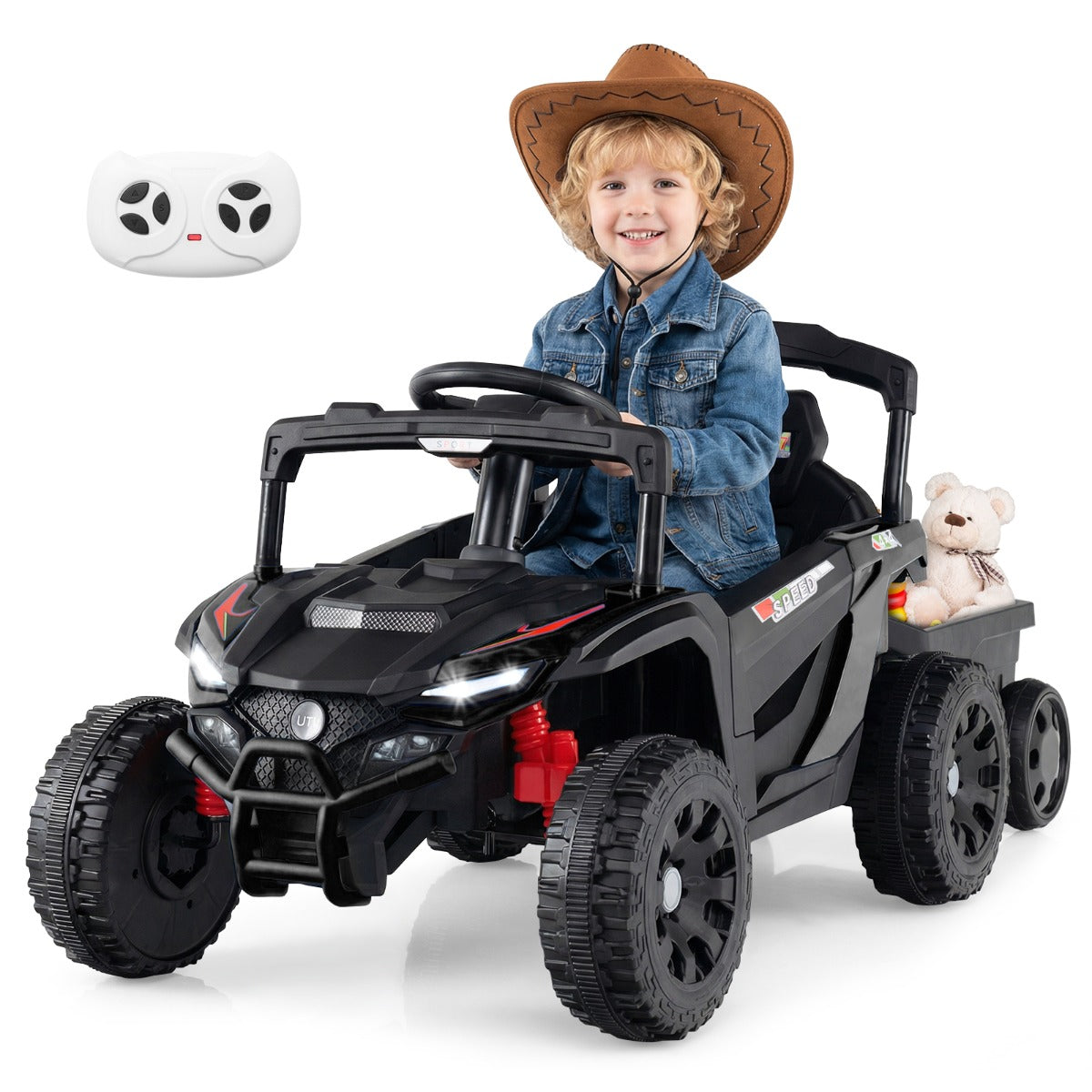 Livsk costway elektrische utv voor kinderen met afneembare aanhanger 12v kindertractor om mee te rijden met afstandsbediening voor ouders zwart