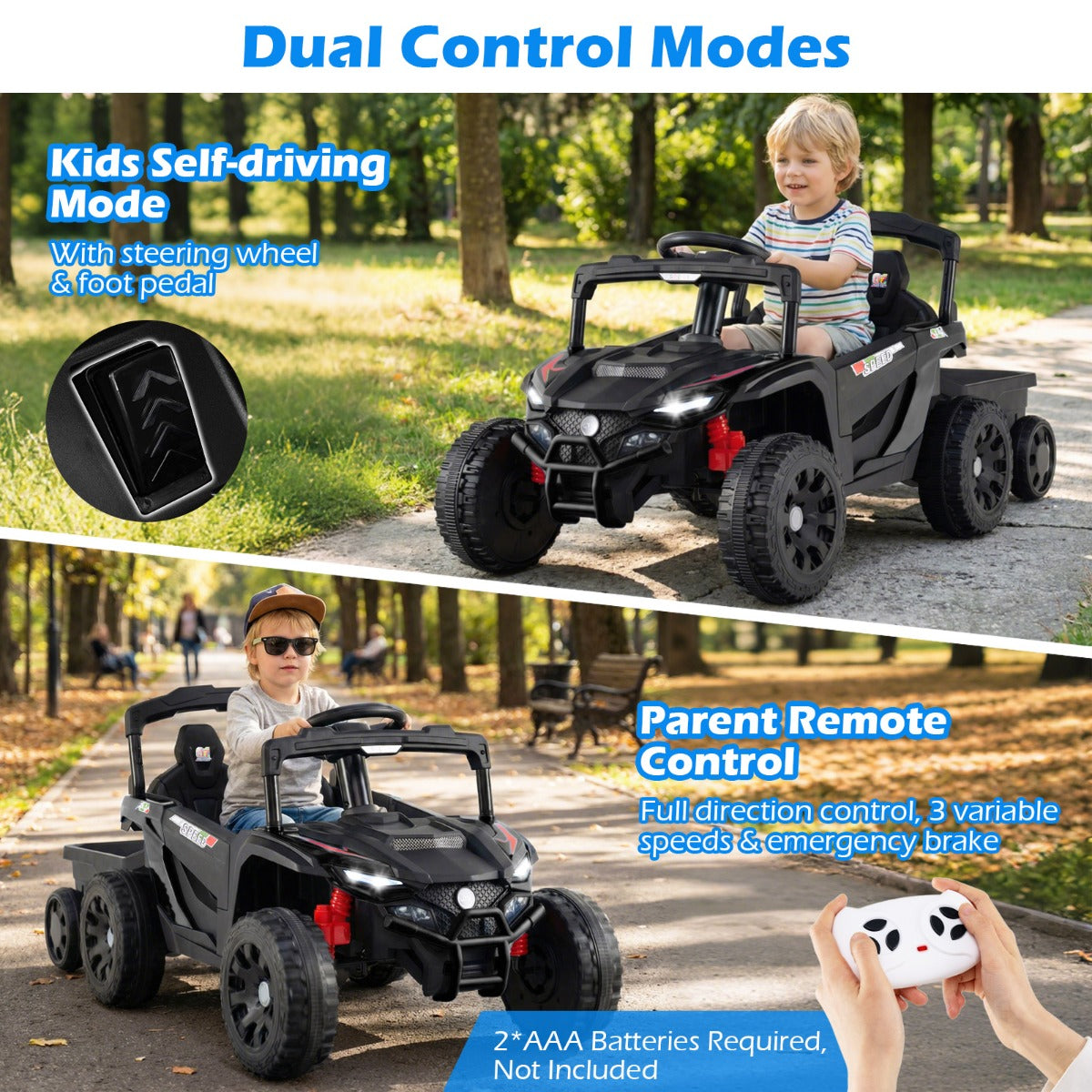 Livsk costway elektrische utv voor kinderen met afneembare aanhanger 12v kindertractor om mee te rijden met afstandsbediening voor ouders zwart 2