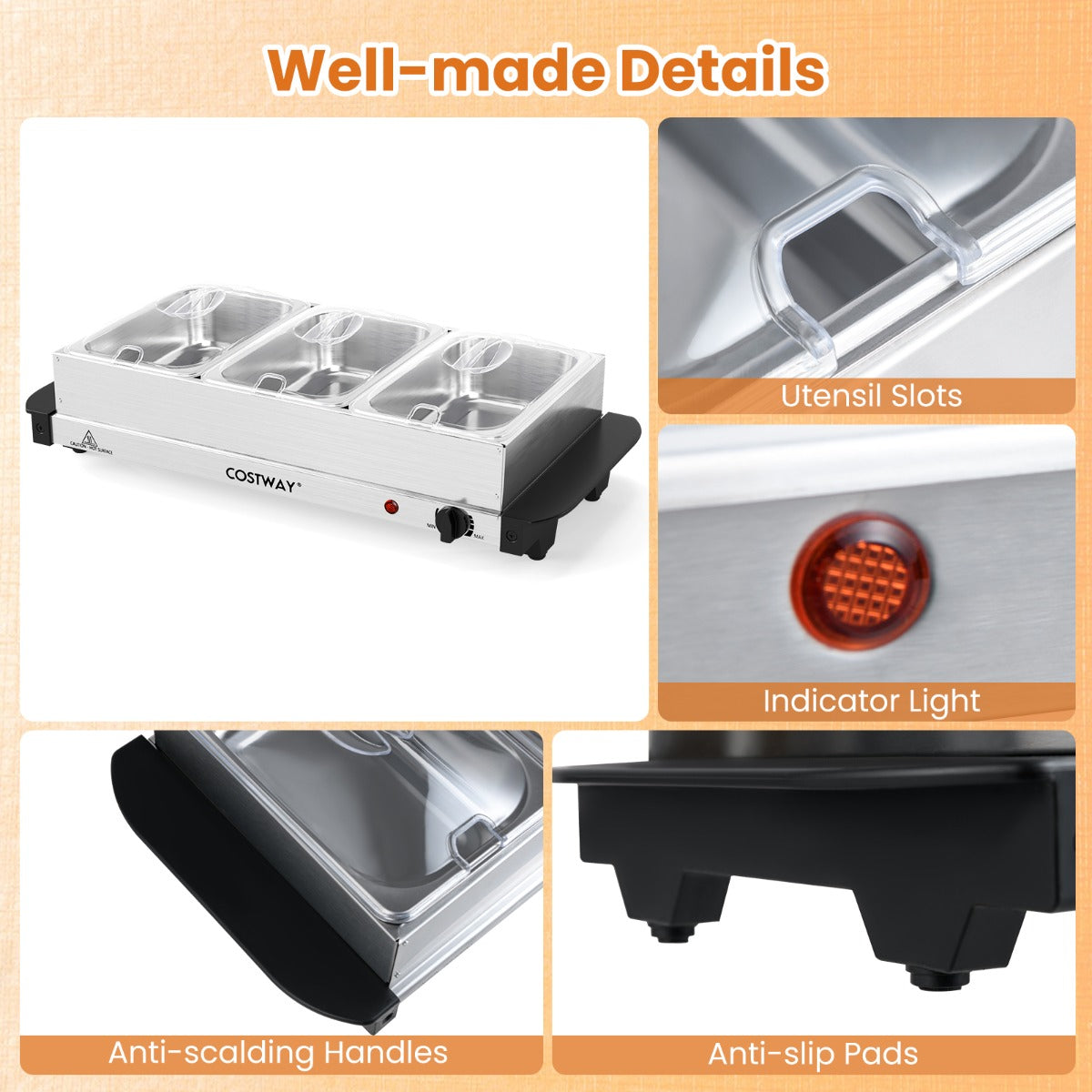 LIVSK Elektrische Buffetverwarmer - Instelbare Temperatuur 40℃-80℃ - 3 Roestvrijstalen Schalen - Onderhoudsvriendelijk -