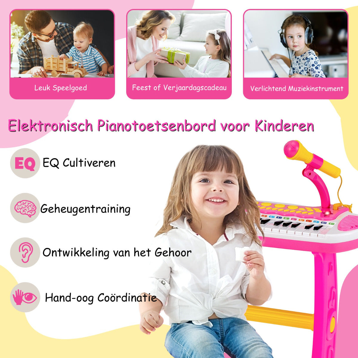 LIVSK Kindertoetsenbord Set - 22 Demo's - Verstelbare Microfoon - Inclusief Krukje - Voor Kinderen - Roze