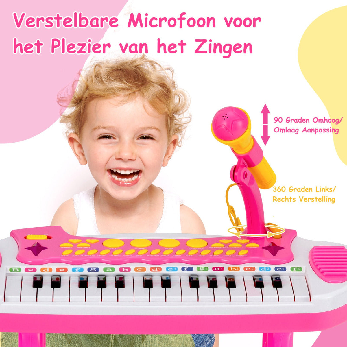 LIVSK Kindertoetsenbord Set - 22 Demo's - Verstelbare Microfoon - Inclusief Krukje - Voor Kinderen - Roze