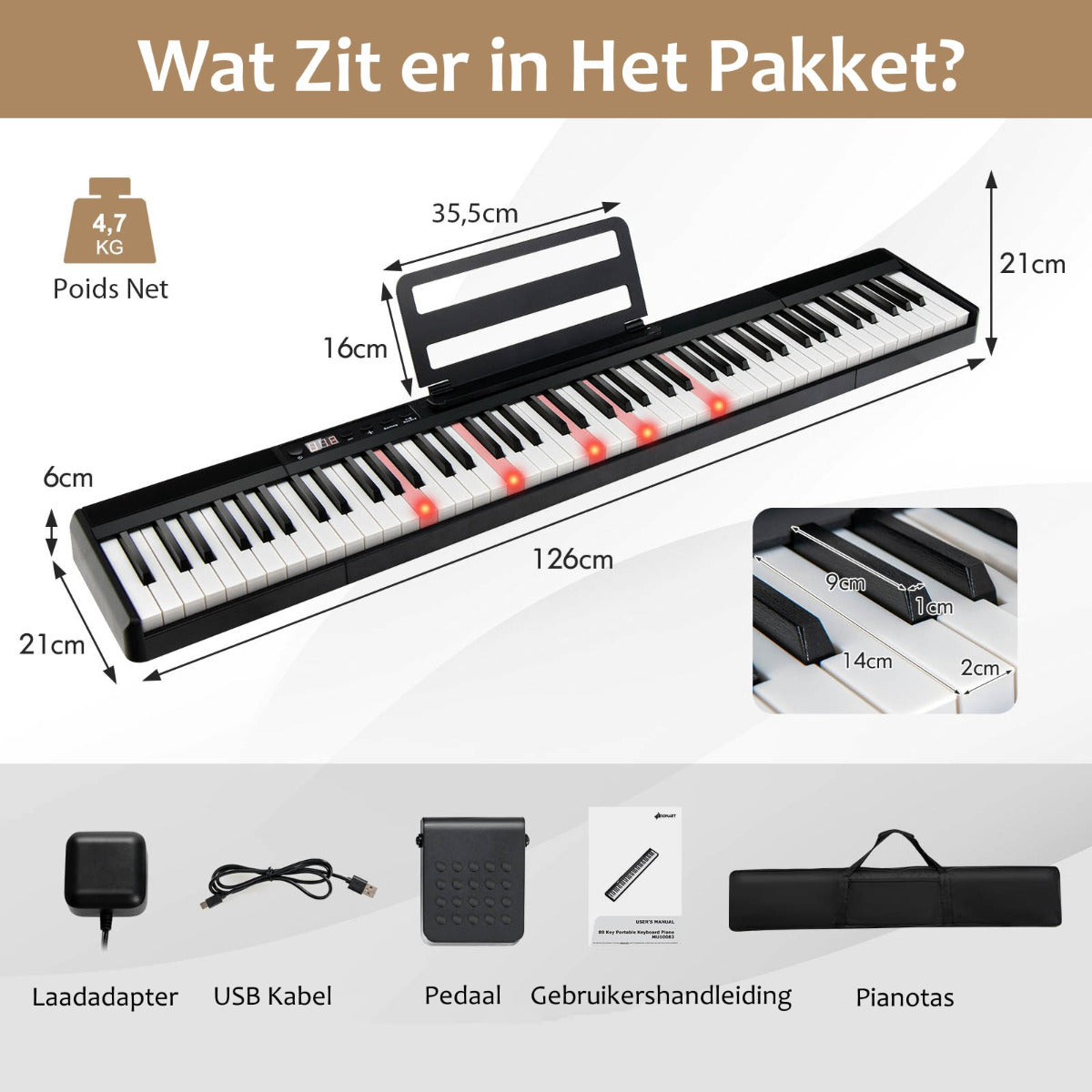 LIVSK Digitale Piano 88 Toetsen - Gewichtsgevoelige Toetsen - MIDI/USB/Bluetooth - Inclusief Sustainpedaal - Zwart/Wit