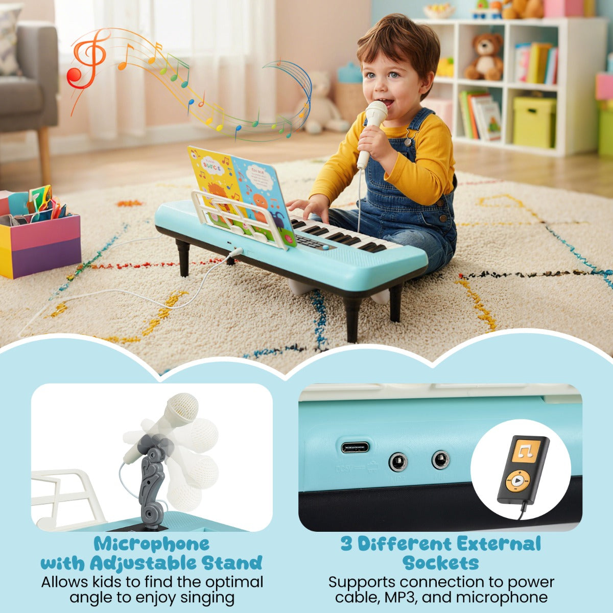 Livsk costway elektronische piano met 37 toetsen voor kinderen draagbaar instrument met microfoon muziekstandaard en afneembare standaard blauw 4