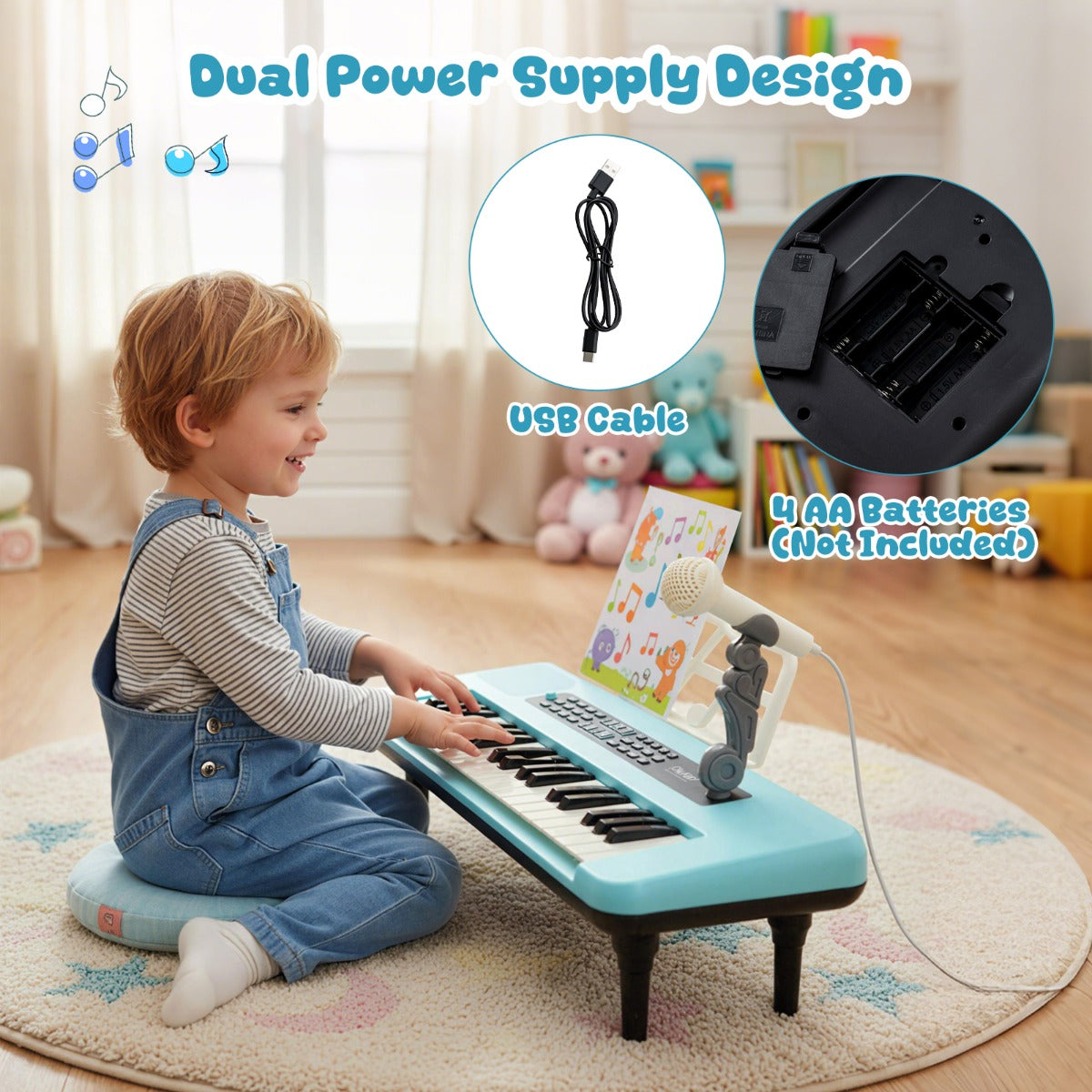 Livsk costway elektronische piano met 37 toetsen voor kinderen draagbaar instrument met microfoon muziekstandaard en afneembare standaard blauw 6