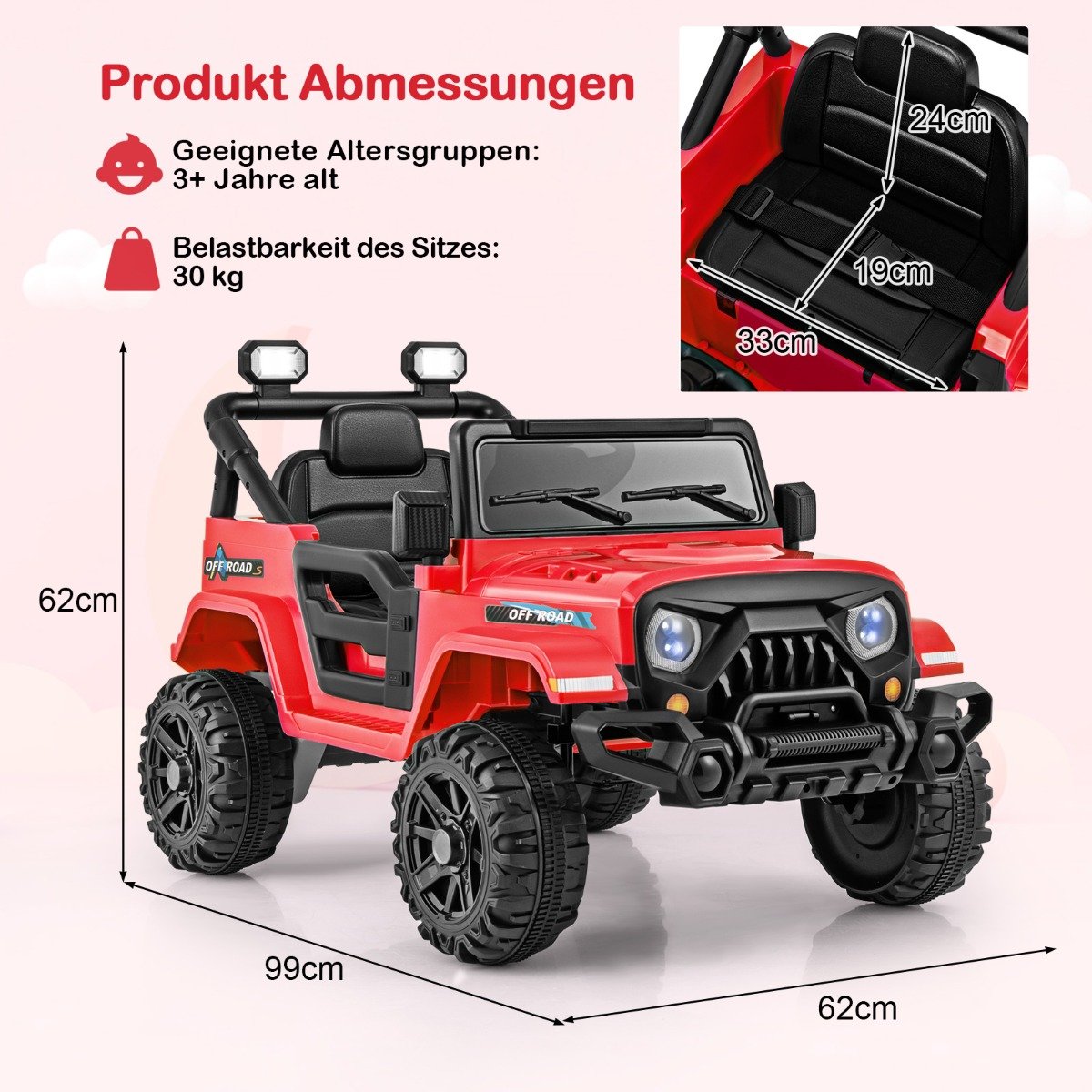 LIVSK Kindertruck met Afstandsbediening - 12V Accu - 2 Motoren - Terreinbanden - LED-verlichting - Tot 30 kg - Rood