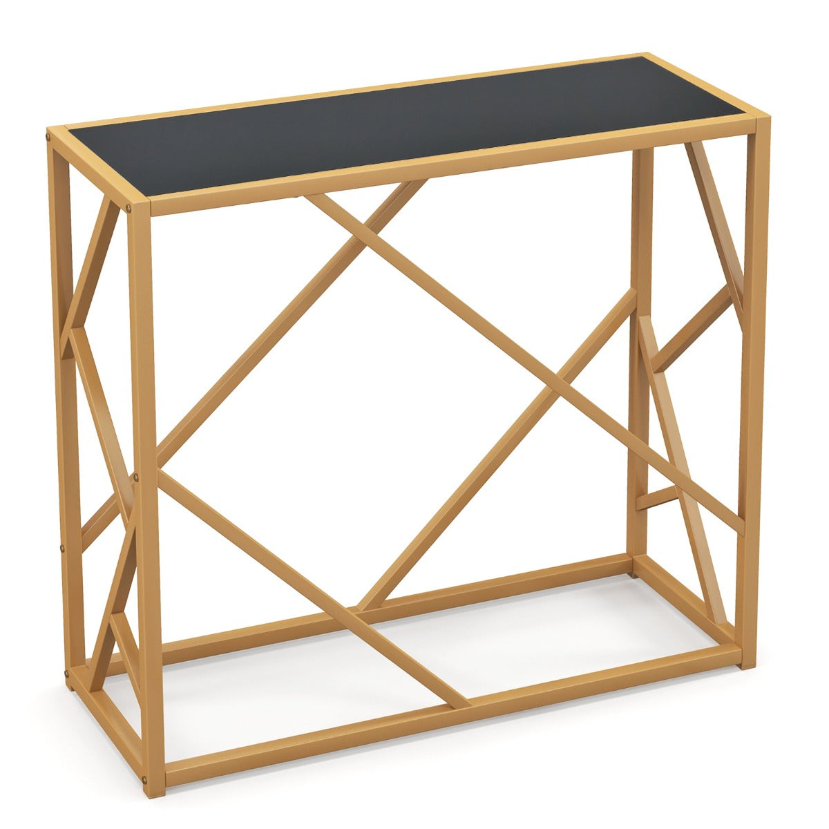 LIVSK Consoletafel - Geharde Glazen Blad - Goudkleurige Metalen Poten - Waterdicht en Hittebestendig - 80 x 30 x 75 cm - Zwart +