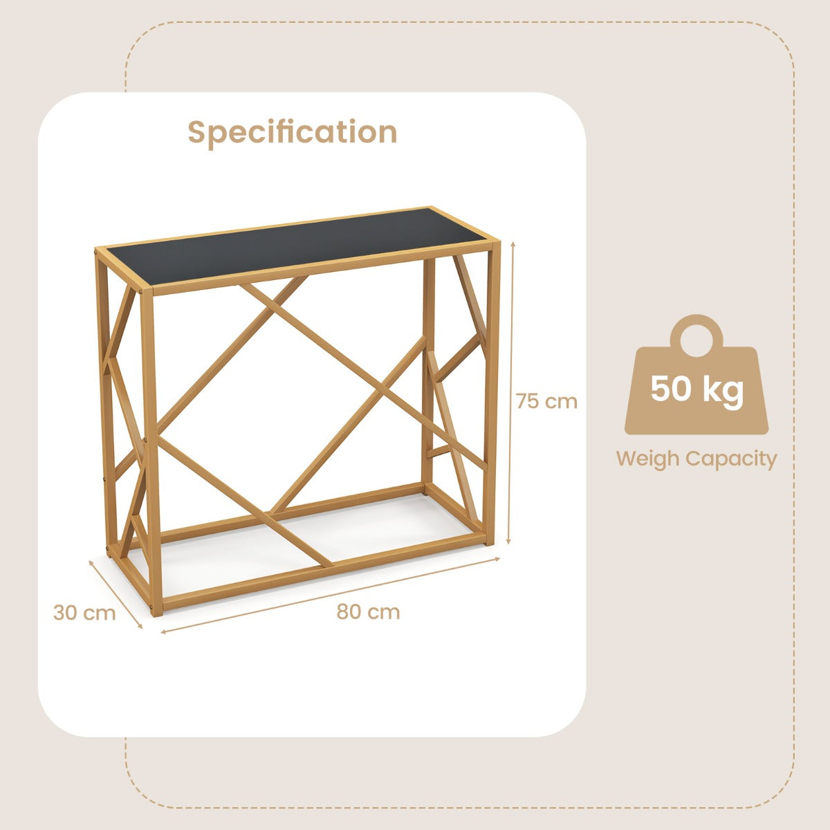 LIVSK Consoletafel - Geharde Glazen Blad - Goudkleurige Metalen Poten - Waterdicht en Hittebestendig - 80 x 30 x 75 cm - Zwart +