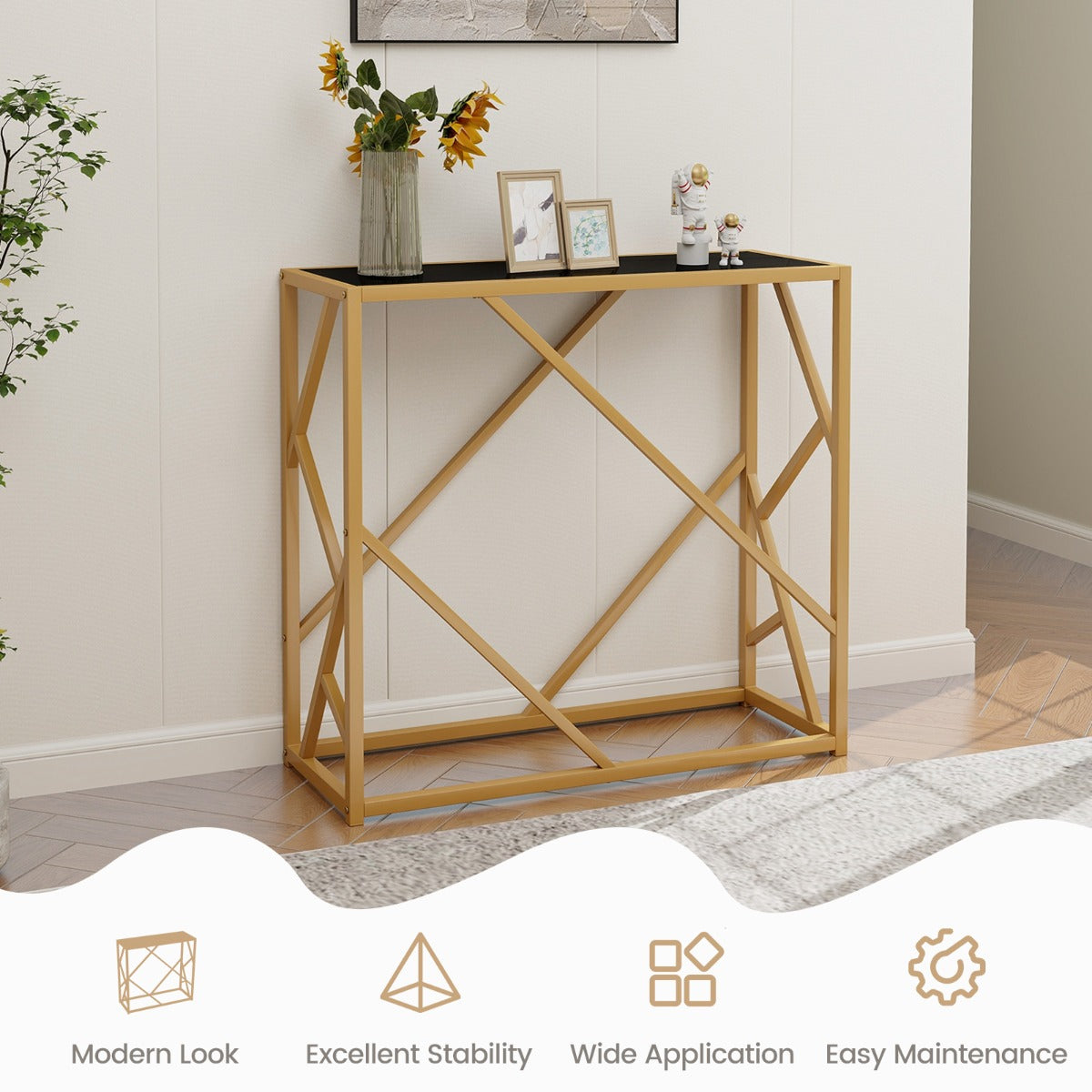 LIVSK Consoletafel - Geharde Glazen Blad - Goudkleurige Metalen Poten - Waterdicht en Hittebestendig - 80 x 30 x 75 cm - Zwart +