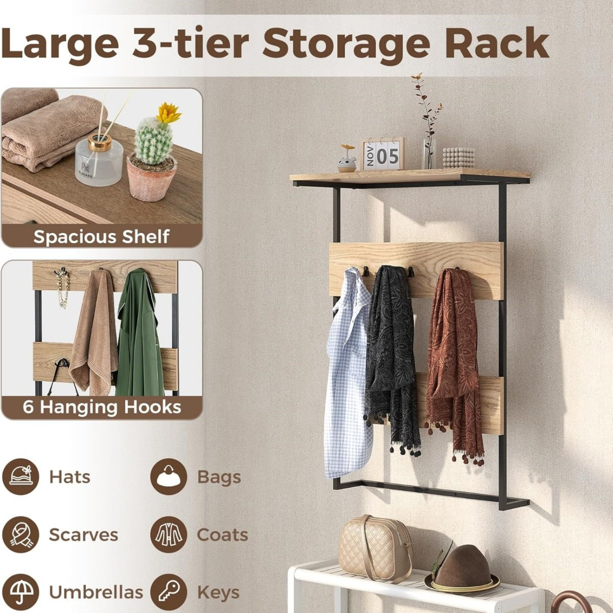 LIVSK Wandkapstok met Plank - 2-in-1 Ontwerp met 6 Haken - Duurzaam Metaal - Verstelbare Hoogte - Voor Hal en Keuken - Natuurlijke