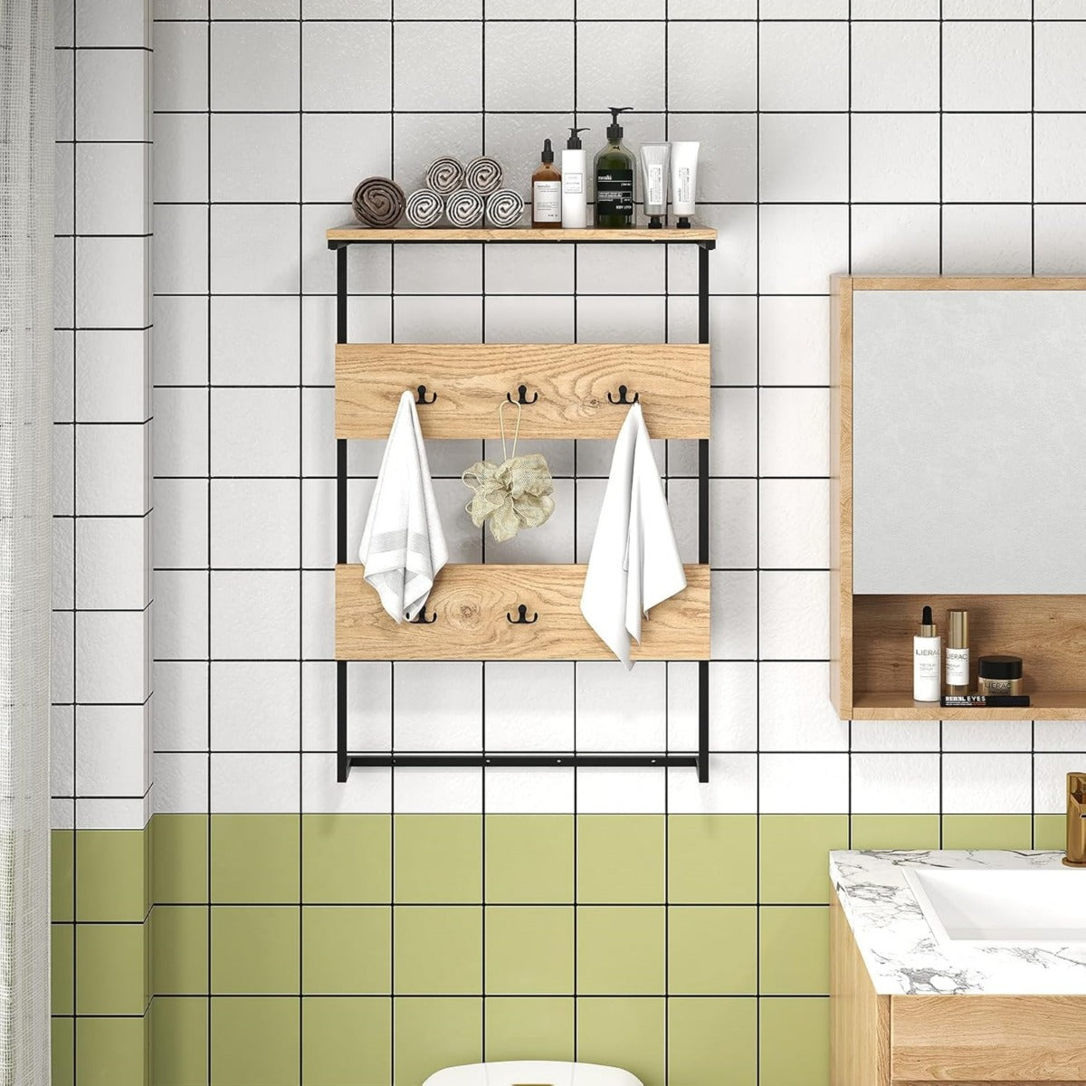 LIVSK Wandkapstok met Plank - 2-in-1 Ontwerp met 6 Haken - Duurzaam Metaal - Verstelbare Hoogte - Voor Hal en Keuken - Natuurlijke