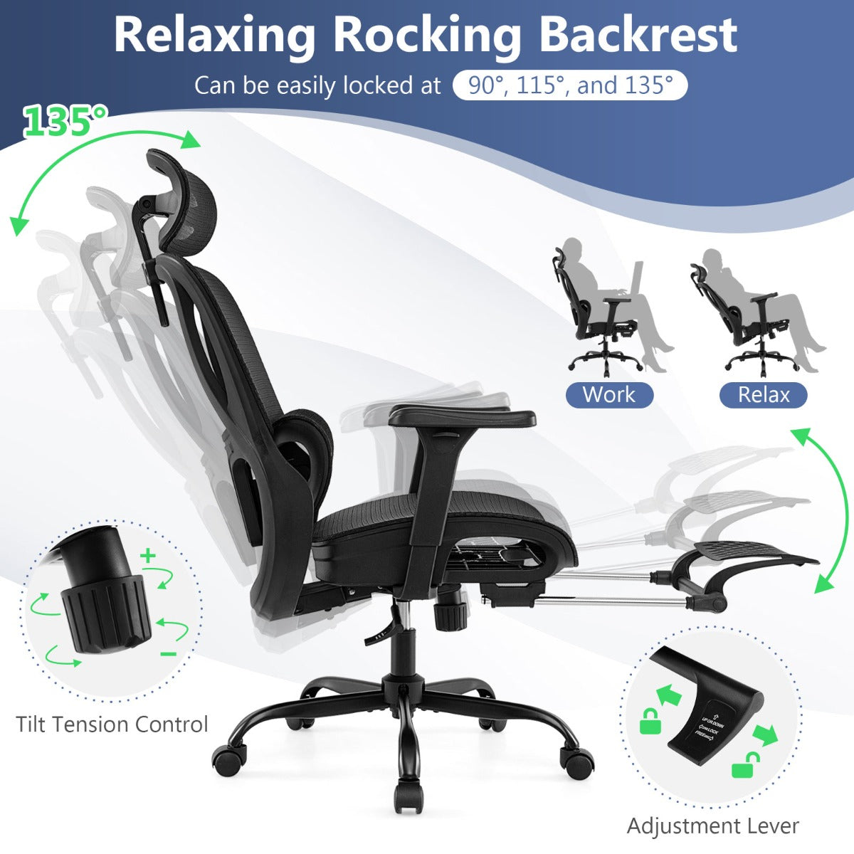 LIVSK Ergonomische Bureaustoel - Verstelbare Hoofdsteun & Rugleuning - 3D-armleuningen - Ademend Netweefsel - Tot 150 kg - Zwart
