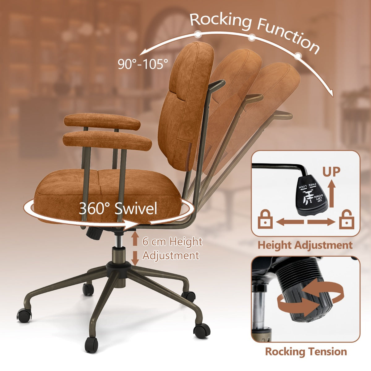 LIVSK Ergonomische Bureaustoel - 13 cm Gewatteerd Zitkussen - Verstelbaar en Kantelbaar - 360° Wielen - Tot 150 kg - Bruin