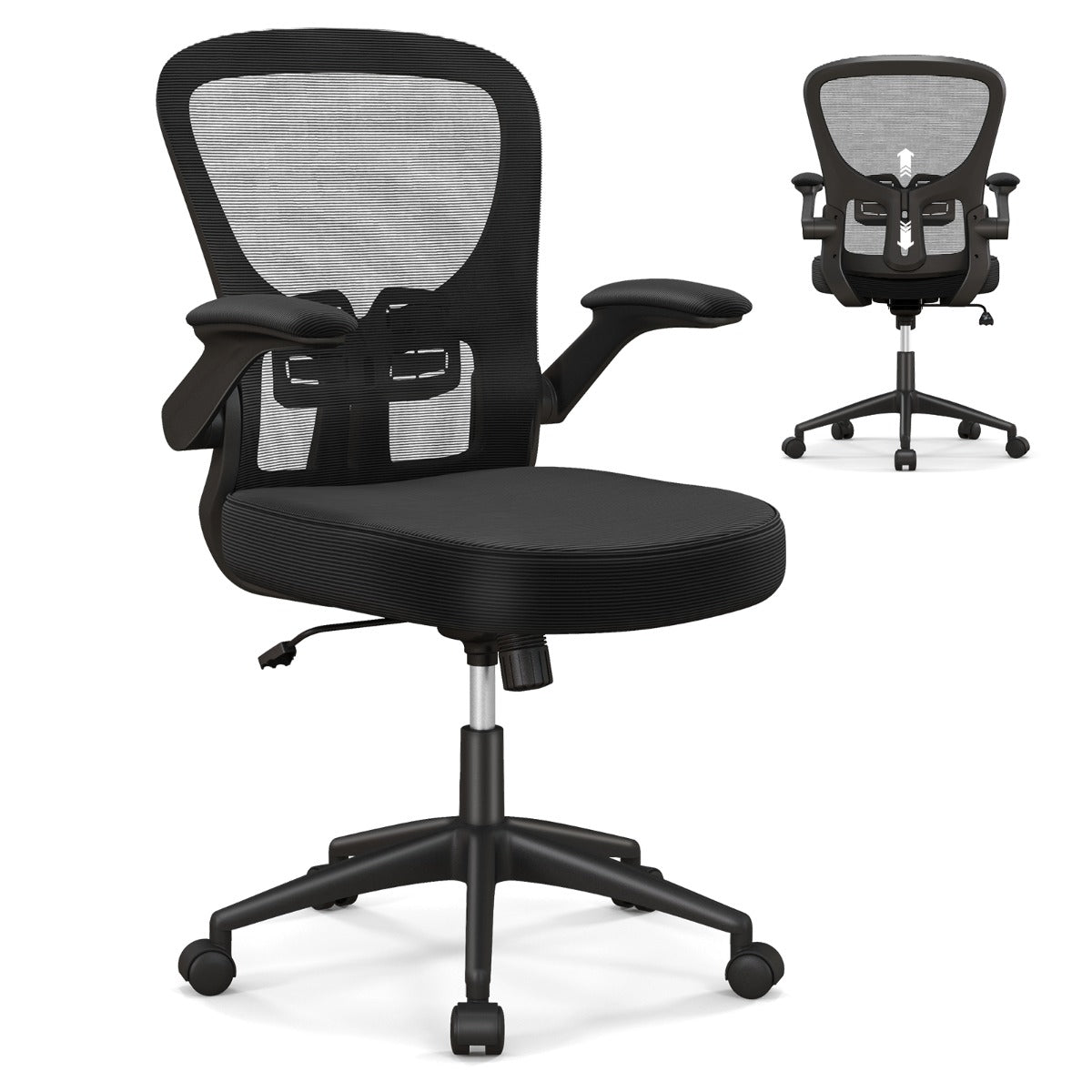 LIVSK Ergonomische Bureaustoel met Verstelbare Lendensteun - Kantelbare Rugleuning - Intrekbare Armleuningen - Zwart