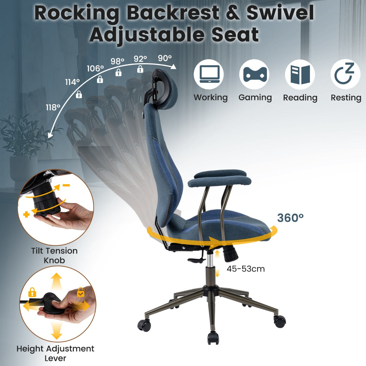 Livsk costway ergonomische bureaustoel met linnen beklede hoofdsteun comfortabele gamingstoel verstelbaar draaibaar blauw 5