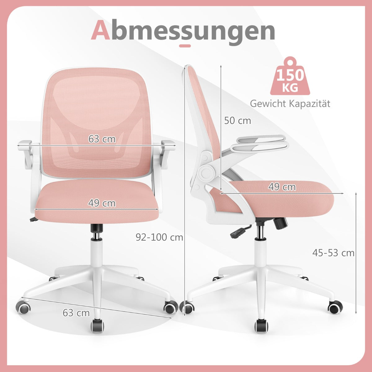 LIVSK Ergonomische Bureaustoel - S-vormige Rugleuning - Verstelbare Zithoogte - Opklapbare Armleuningen - Tot 150 kg - Roze
