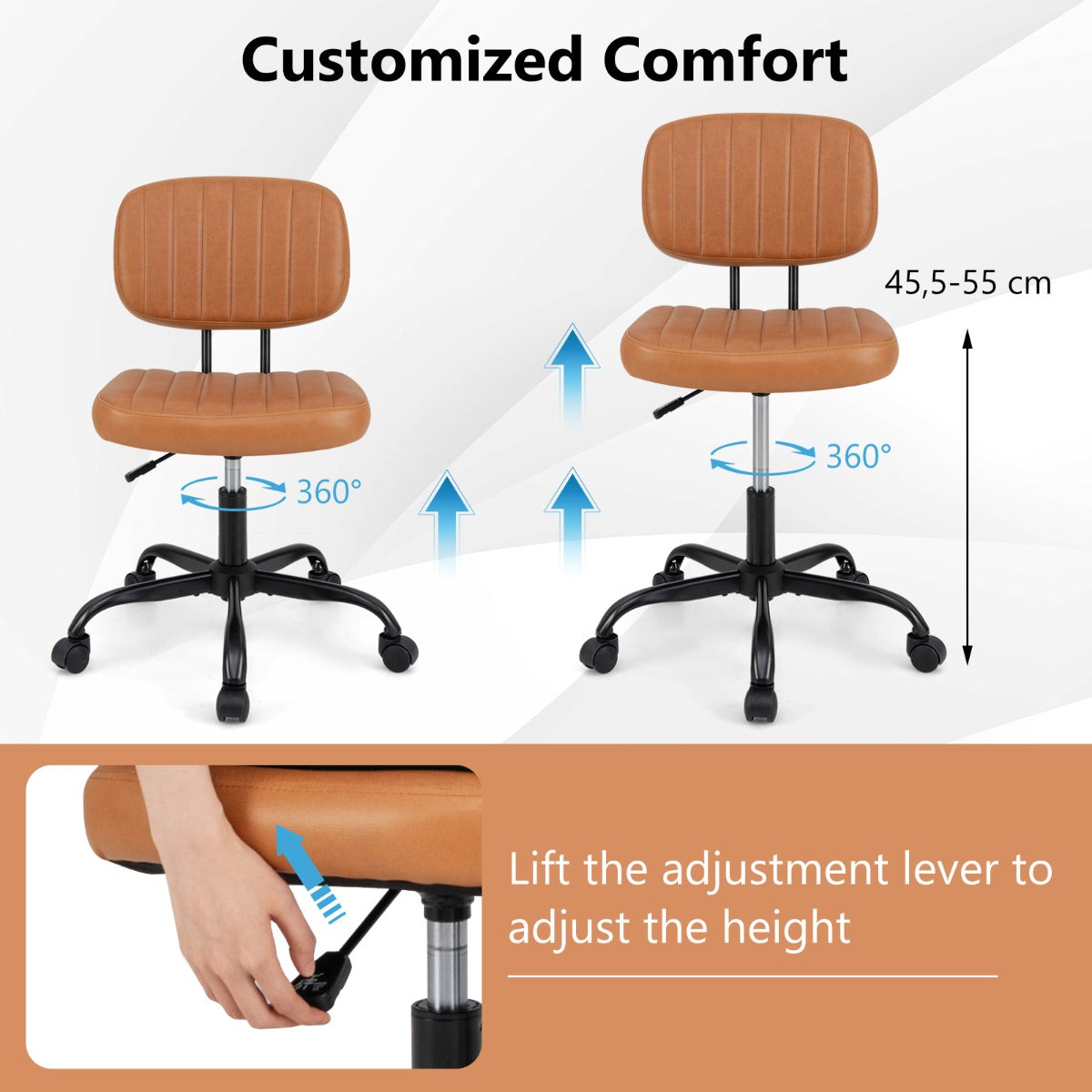 LIVSK Ergonomische Bureaustoel - U-vormige Lendensteun - Verstelbare Zithoogte 45,5-55 cm - Bruin - Tot 125 kg - Compact Design