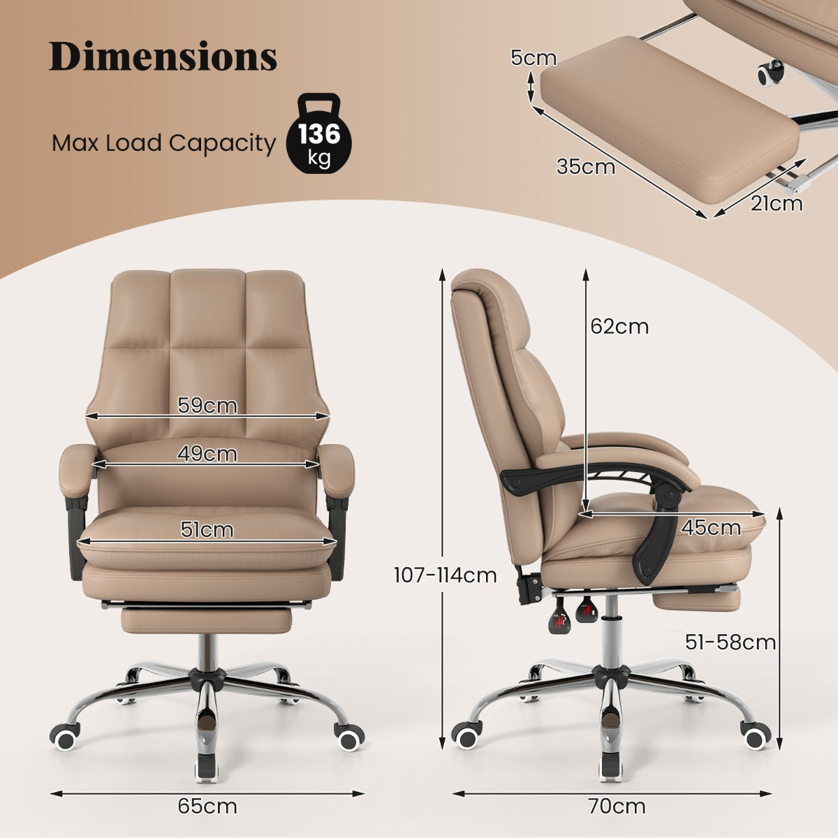 LIVSK Ergonomische Directiestoel - PU-leer - Verstelbare Rugleuning tot 155° - Uitschuifbare Voetensteun - Draaibaar - Tot 136 kg
