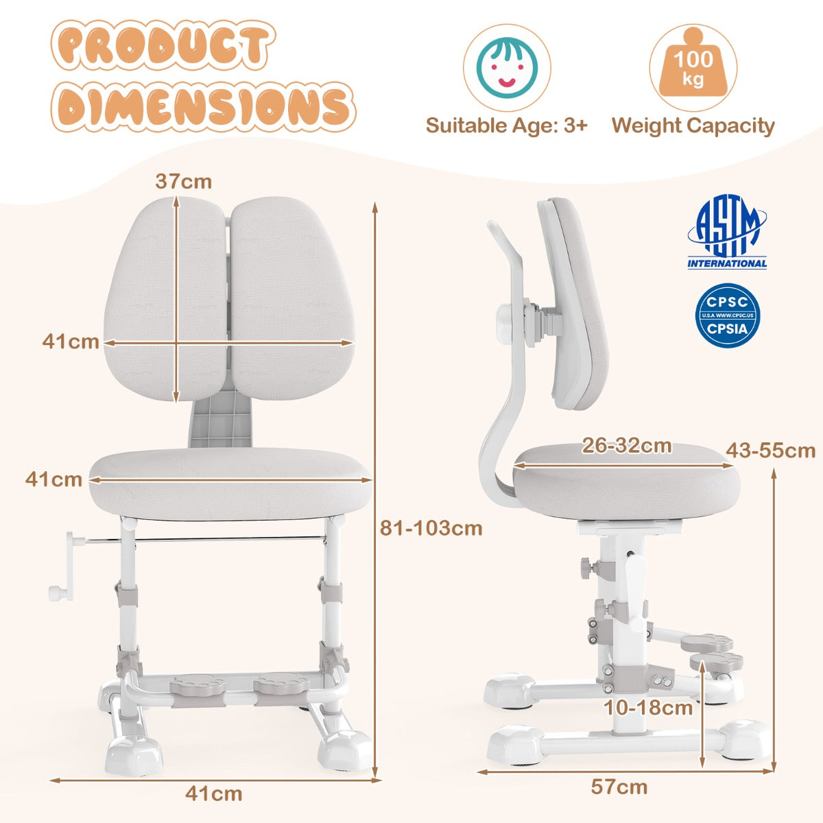 LIVSK Ergonomische Kinderstoel - Verstelbare Rugleuning en Zithoogte - Draaibare Voetsteunen - Tot 100 kg - Grijs