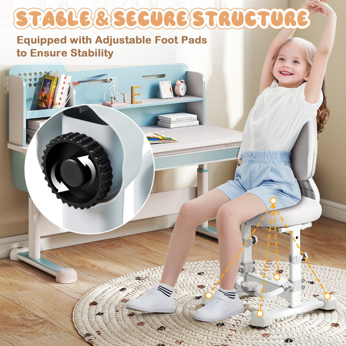 LIVSK Ergonomische Kinderstoel - Verstelbare Rugleuning en Zithoogte - Draaibare Voetsteunen - Tot 100 kg - Grijs