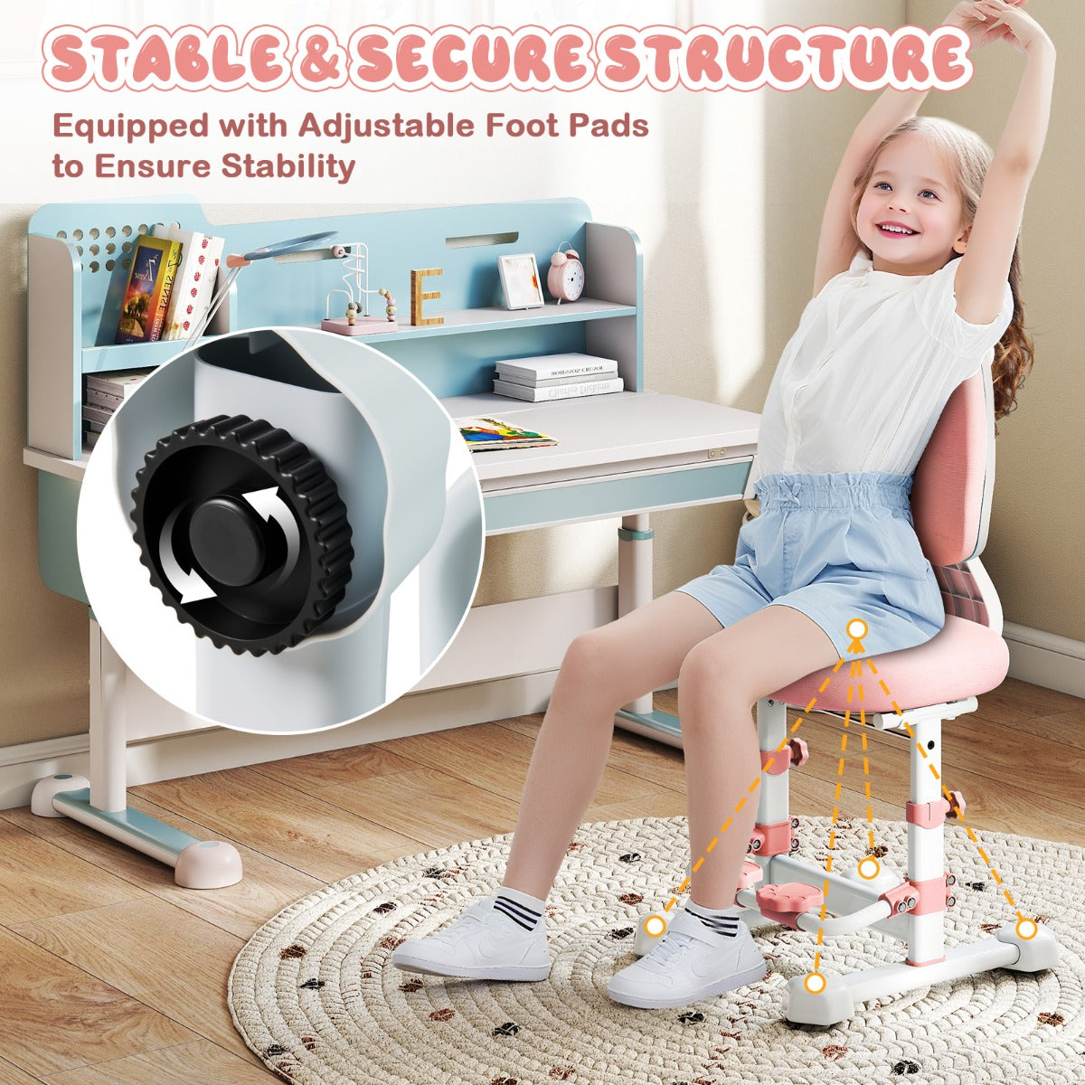 LIVSK Ergonomische Kinderstoel met Verstelbare Rugleuning - Draaibare Voetsteunen - Geschikt voor Kinderen van 100 - 160 cm - Roze