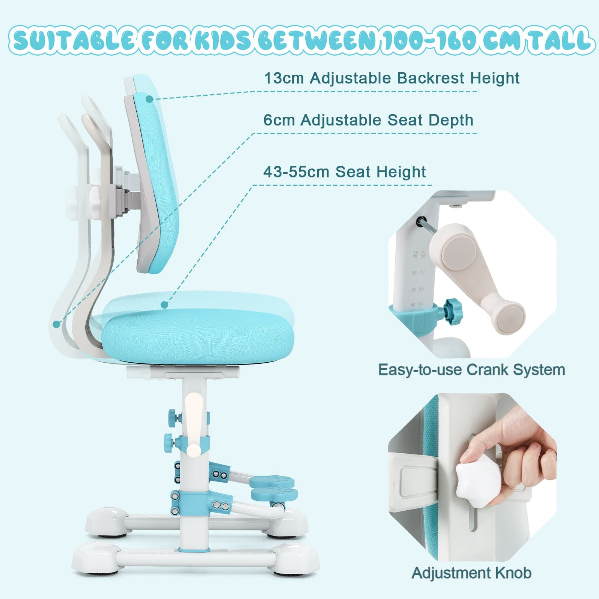 LIVSK Ergonomische Kinderstoel - Verstelbare Rugleuning, Zithoogte en Voetensteun - Antislip Basis - Voor Kinderen tot 100 kg