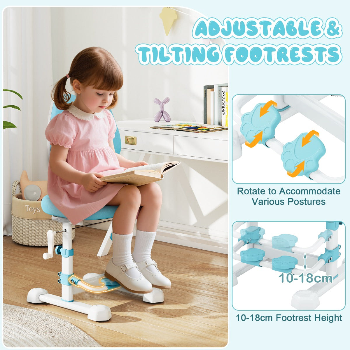 LIVSK Ergonomische Kinderstoel - Verstelbare Rugleuning, Zithoogte en Voetensteun - Antislip Basis - Voor Kinderen tot 100 kg